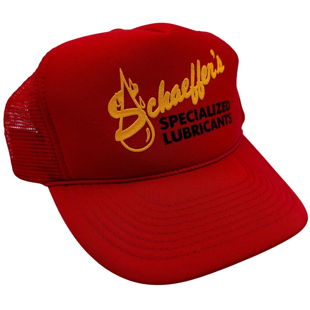 Vintage Schaeffer's Specialized Lubricants Trucker Hat Red Nissun Snapback Cap